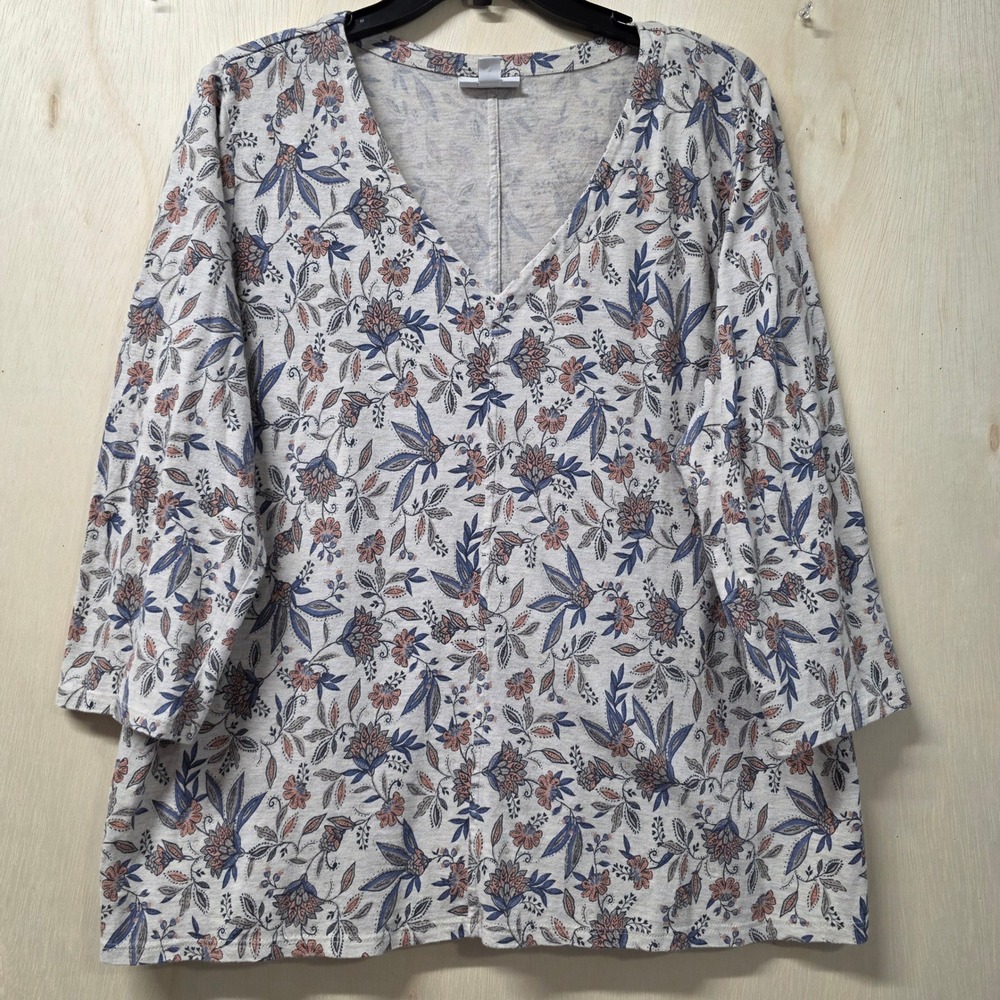 Pure Jill J. Jill Floral V-Neck 3/4 Sleeve Cotton Modal Top Gray Blue Large